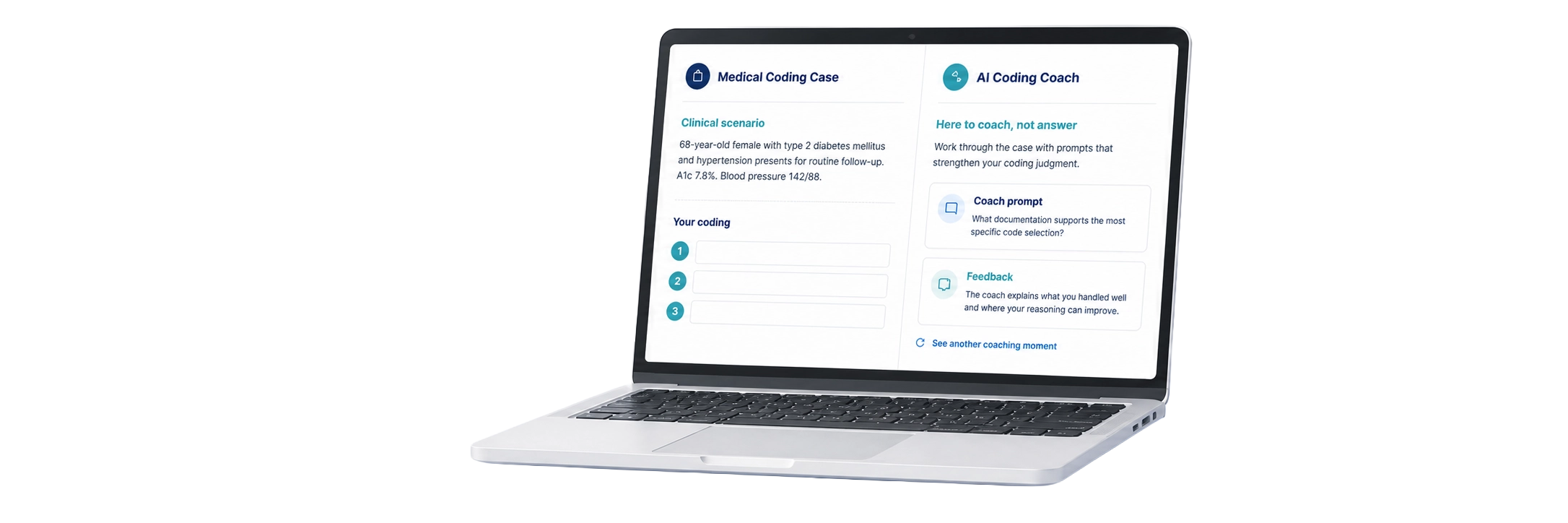 Laptop showing a medical coding case with AI coaching feedback